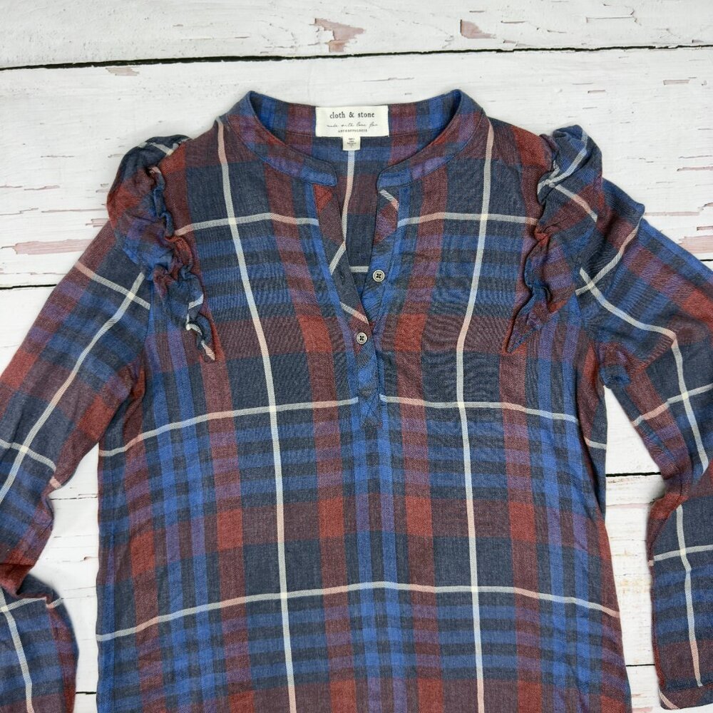 Cloth & Stone Anthropologie Plaid Tunic Dress Blue S Ruffle‎ - Picture 4 of 9